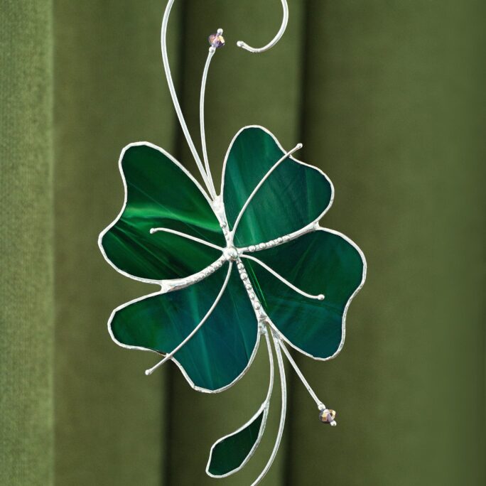 stained Glass Green Clover Four-Leaf Twig Sprig Branchlet Suncatcher Mother's Gift Home Decor Art Window Wall Hanging Plant Decorations