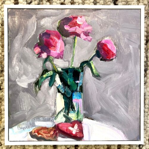 still Life Painting | Abstract Expressionist Oil Painting Pink Peonies & Valentine Heart Cookies Romantic Gift Love Present For Her